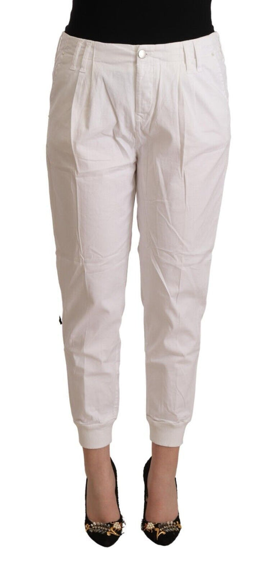 Met White Cotton Mid Waist Tapered Cropped Pants
